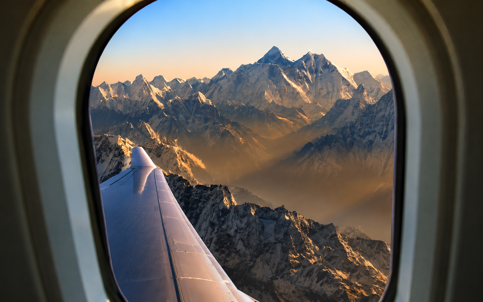 Himalayan peaks seen from an aeroplane window